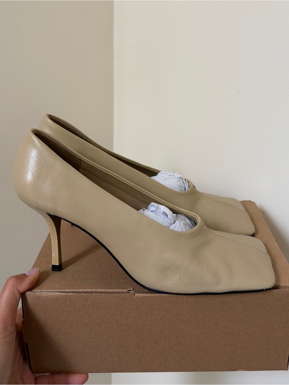 Mango Beige Square-Toe Mid-Heel Pumps